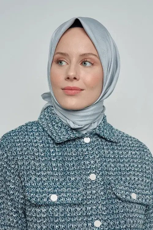 Pamuklu Eşarp Monogram Desen - Mavi Gri