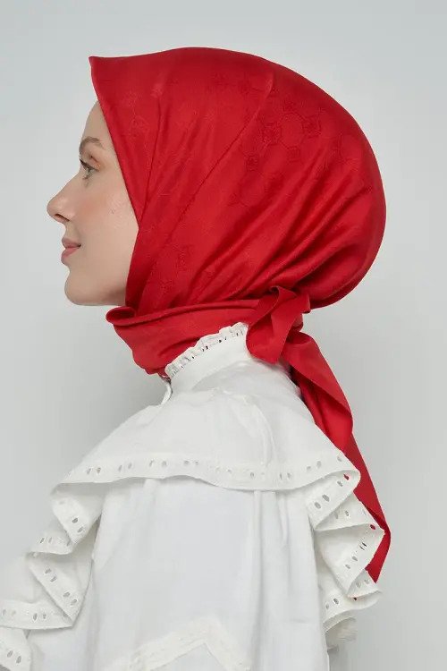 Pamuklu Eşarp Monogram Desen - Kırmızı