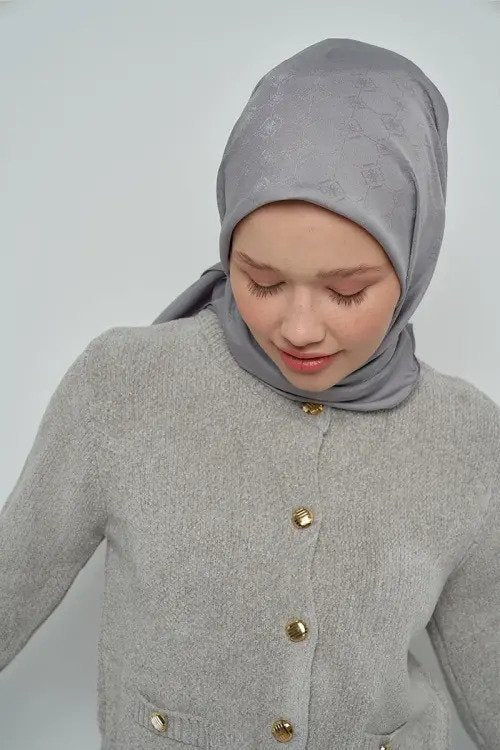 Pamuklu Eşarp Monogram Desen - Koyu Gri