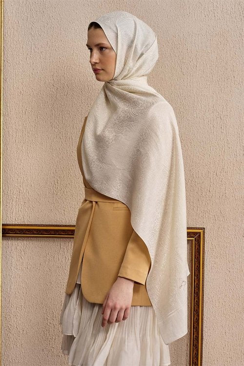 Çift Taraflı Etnik Desen Şal - Kırık Beyaz