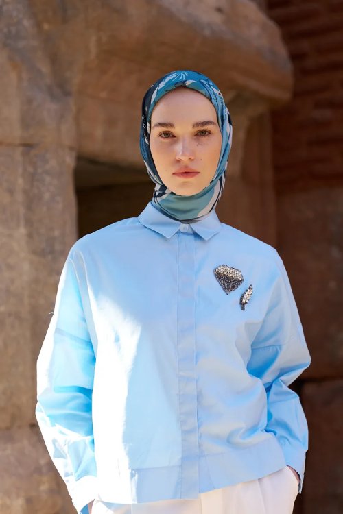 Glaze Botanic Desen Eşarp - Mavi