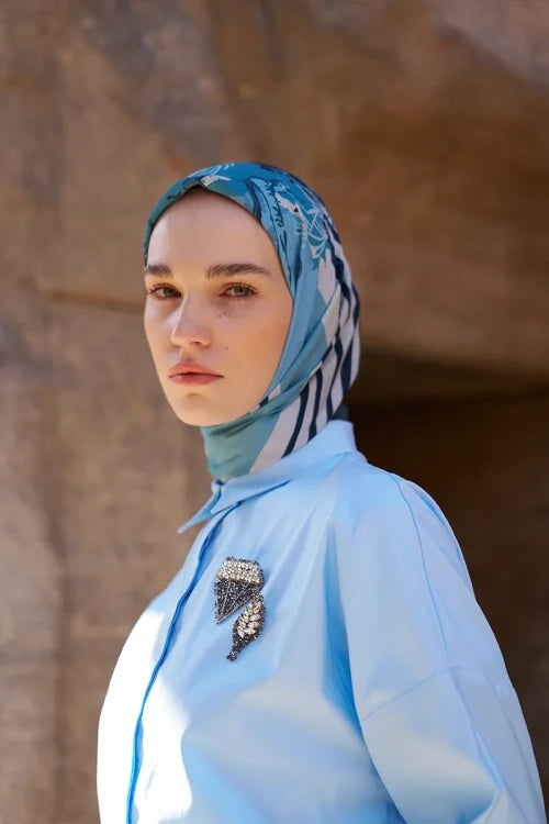 Glaze Botanic Desen Eşarp - Mavi