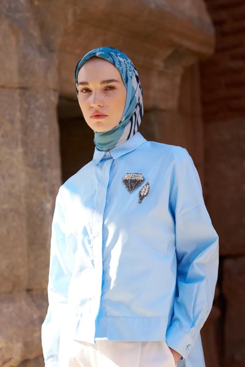 Glaze Botanic Desen Eşarp - Mavi