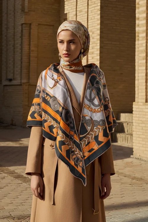 Chain Pattern Wool Silk Shoulder Scarf - Black