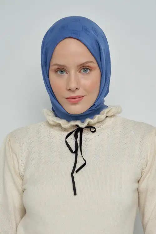 Jakar Pamuk Şal Monogram Desen - Kot Mavisi