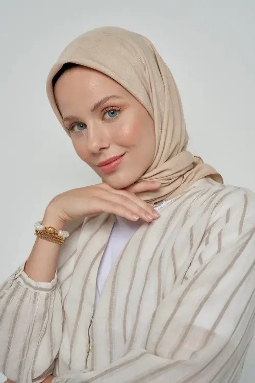 Pamuklu Eşarp Monogram Desen - Bej