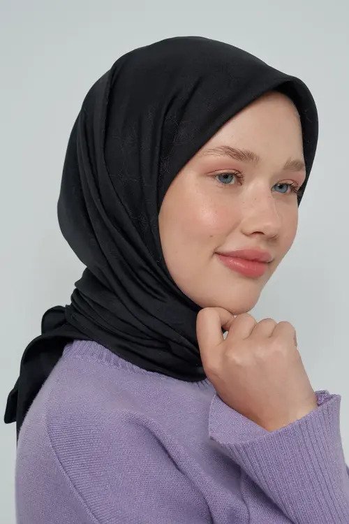 Pamuklu Eşarp Monogram Desen - Siyah