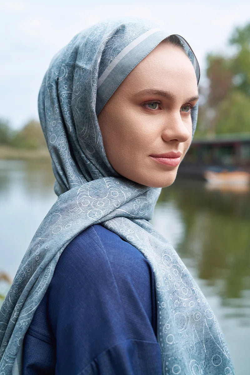 Astra Pattern Cotton Silk Shawl - Blue and Grey