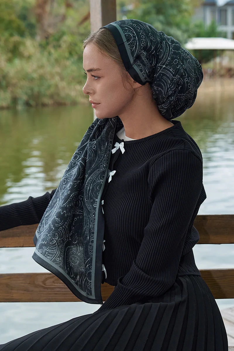 Astra Pattern Cotton Silk Shawl - Black