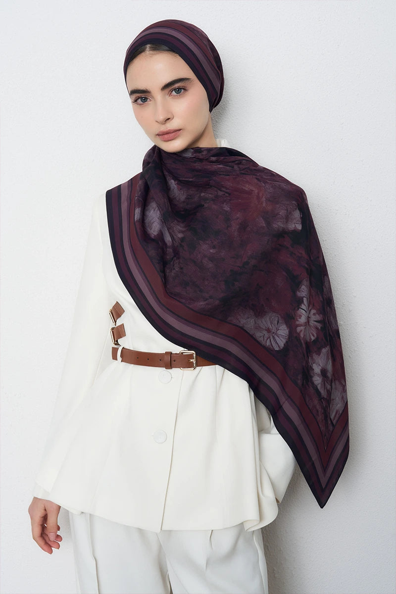 Botanik Desen Floş Viskon Şal - Mürdüm