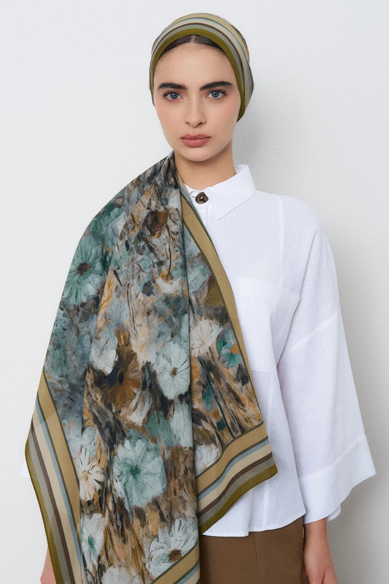 Botanik Desen Floş Viskon Şal - Yeşil