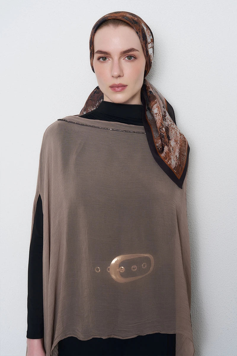 Buket Desen Viskon Floş Eşarp - Kahverengi