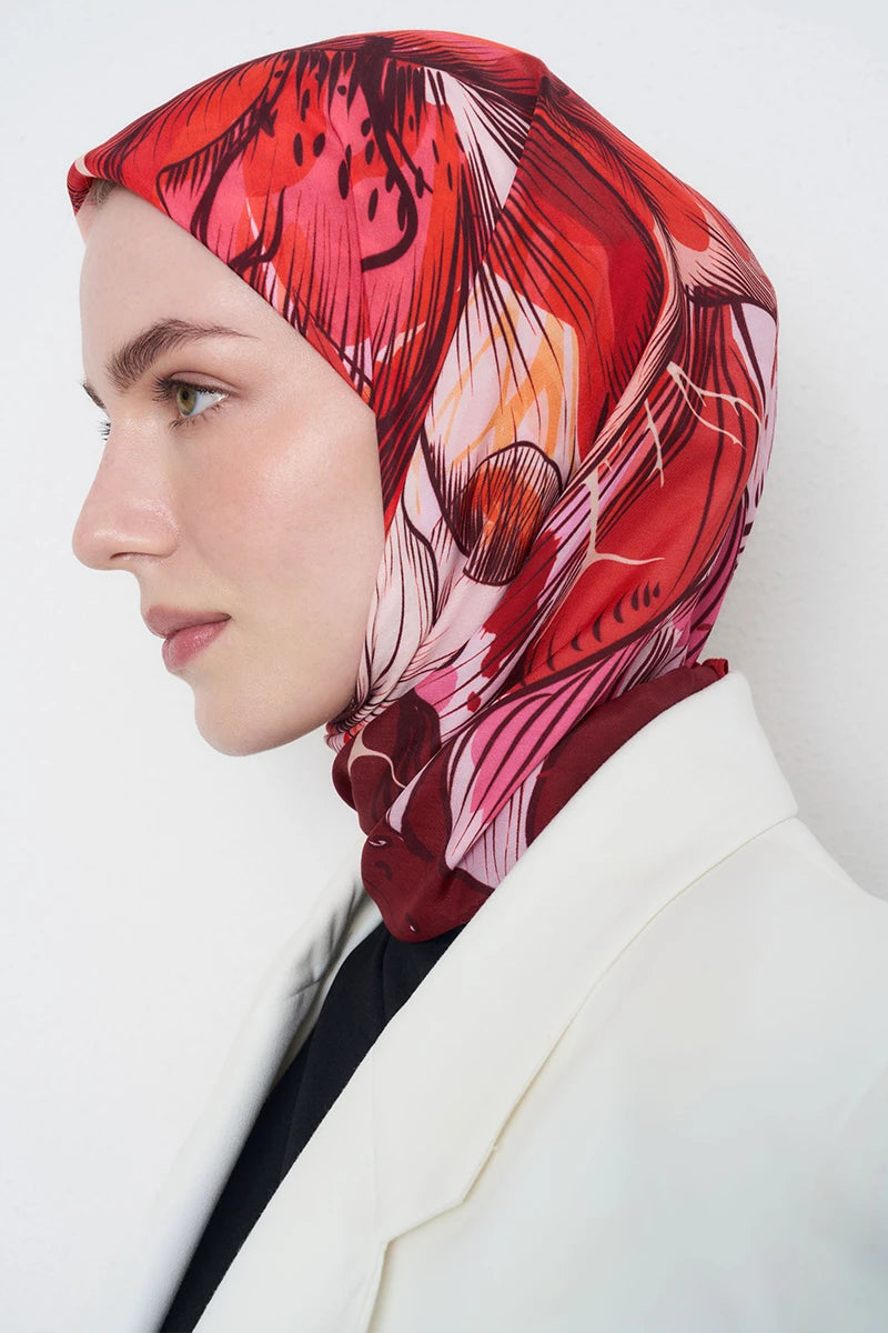 Çiçek Desen Viskon Floş Eşarp - Bordo