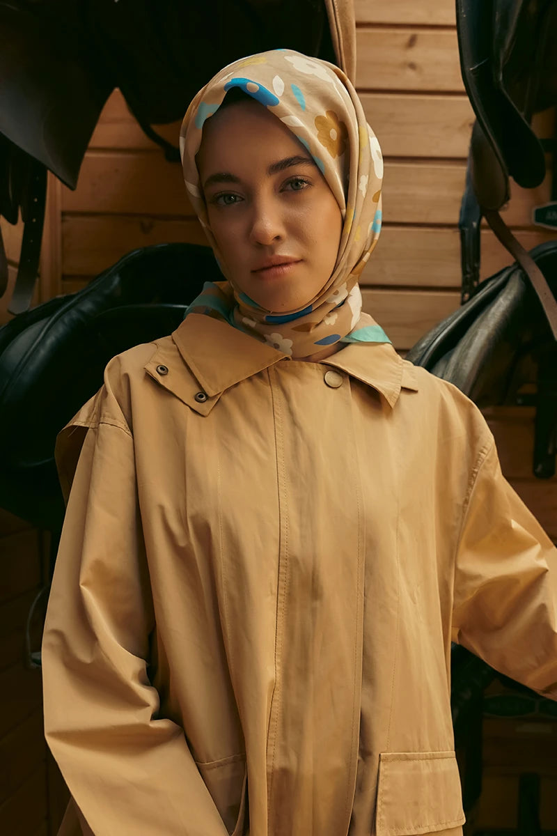 Desenli Modal Eşarp Çiçek - Vizon