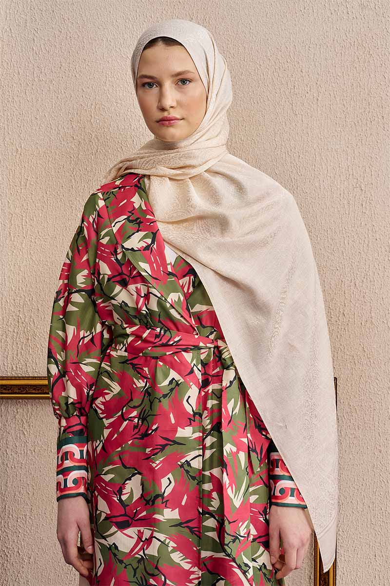 Çift Taraflı Etnik Desen Şal - Krem