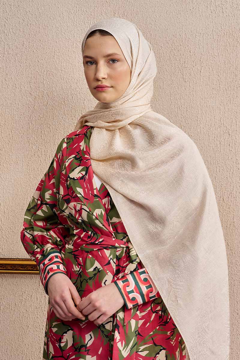 Çift Taraflı Etnik Desen Şal - Krem