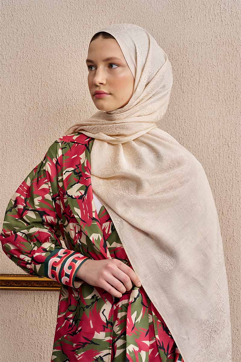 Double-Sided Ethnic Pattern Shawl - Cream