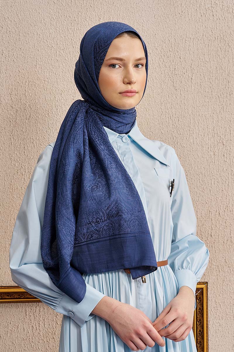 Double-Sided Ethnic Pattern Shawl - Navy Blue