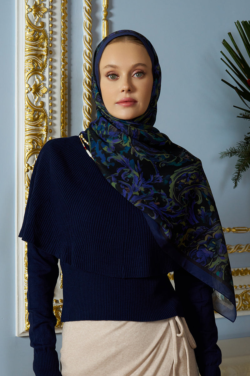 Pamuk İpek Floş Grace Şal - Gece Mavisi