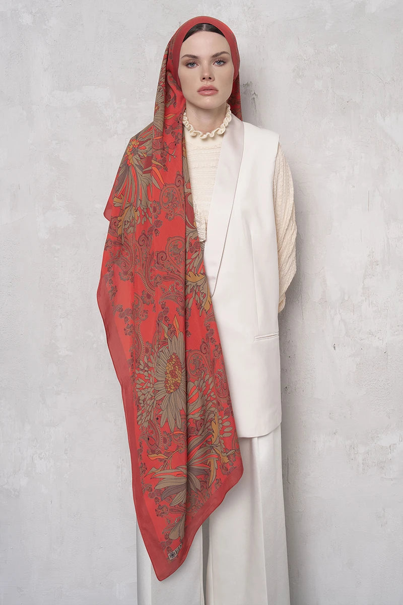 Floş Viskon Şal Flare Desen - Turuncu