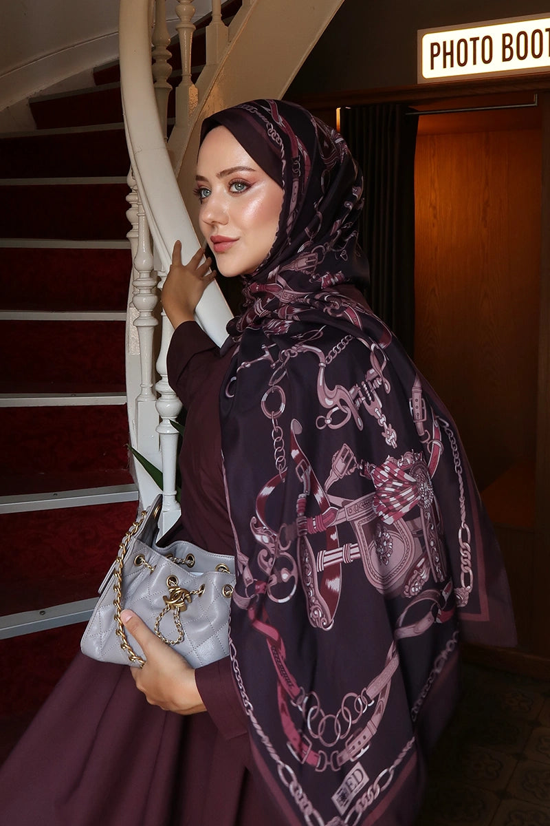 Floş Viskon Şal Harness Desen - Mürdüm