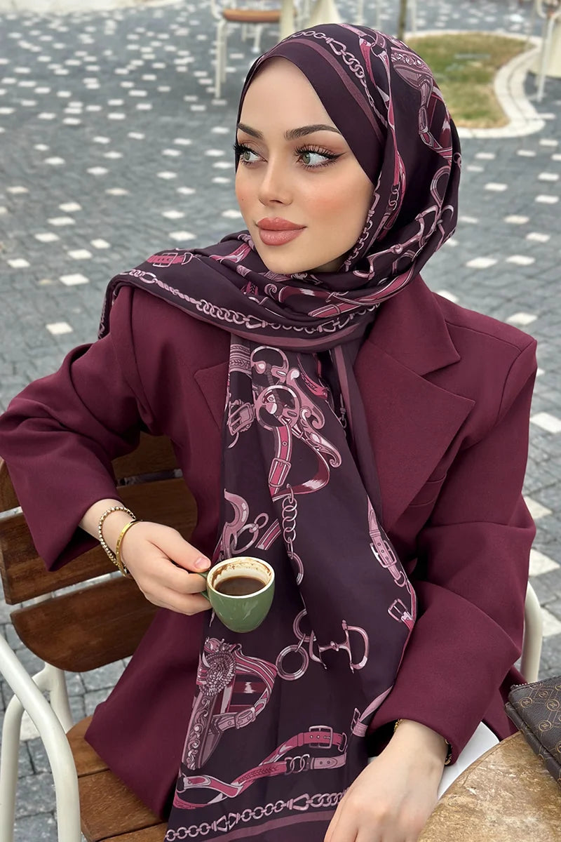 Floş Viskon Şal Harness Desen - Mürdüm