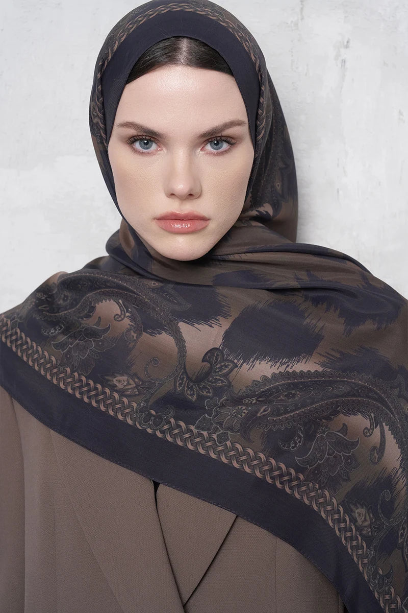 Floş Viskon Şal Lace Leopar Desen - Acı Kahve