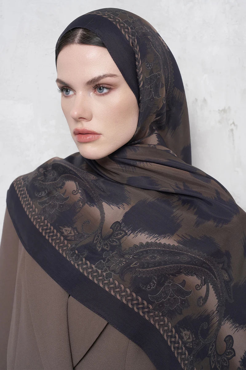 Floş Viskon Şal Lace Leopar Desen - Acı Kahve