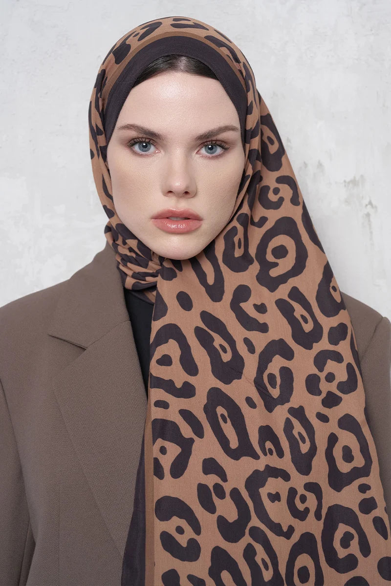 Floş Viskon Şal Leopar Desen - Kahverengi