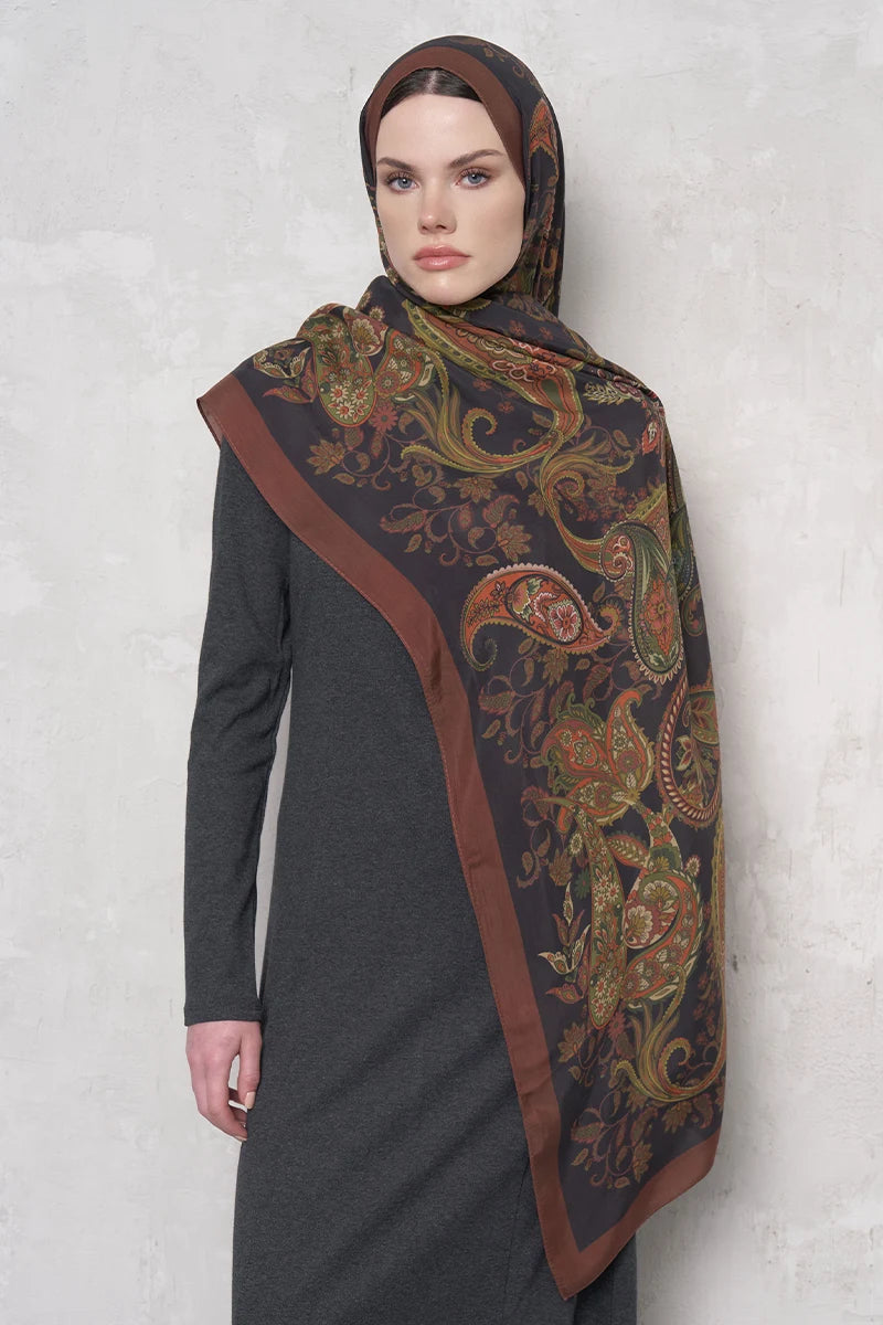 Floş Viskon Şal Rosette Desen - Kahverengi