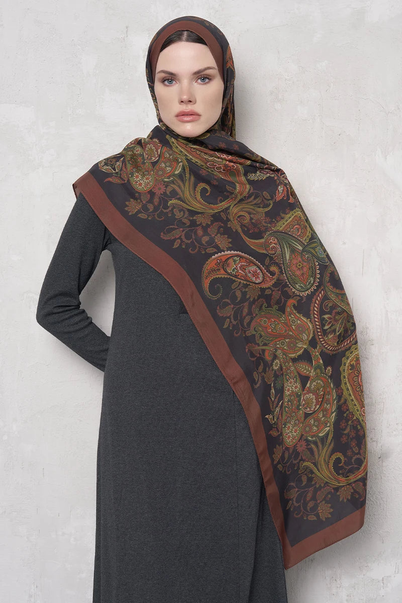 Floş Viskon Şal Rosette Desen - Kahverengi