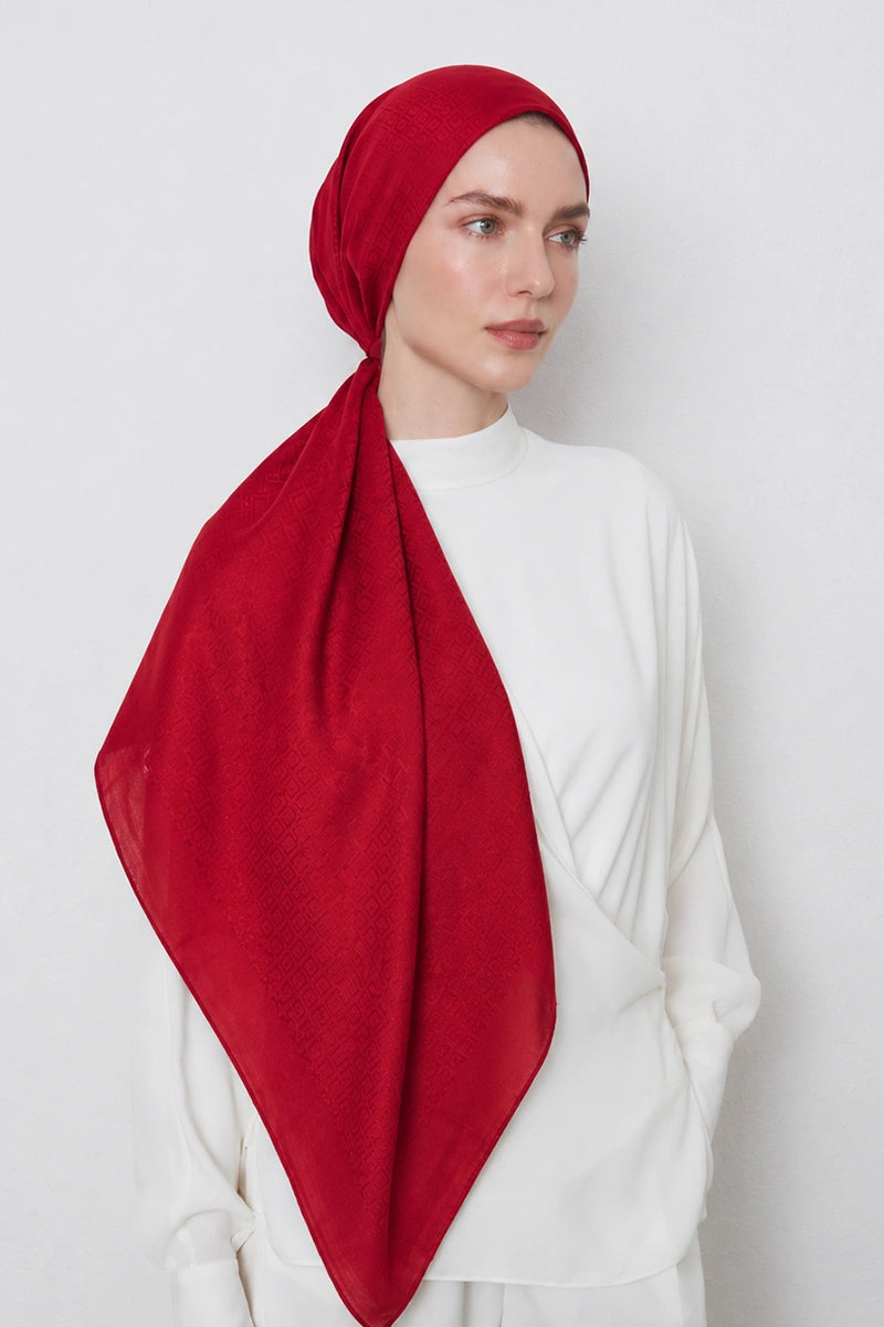Silky Jacquard Shawl, Square Pattern - Red