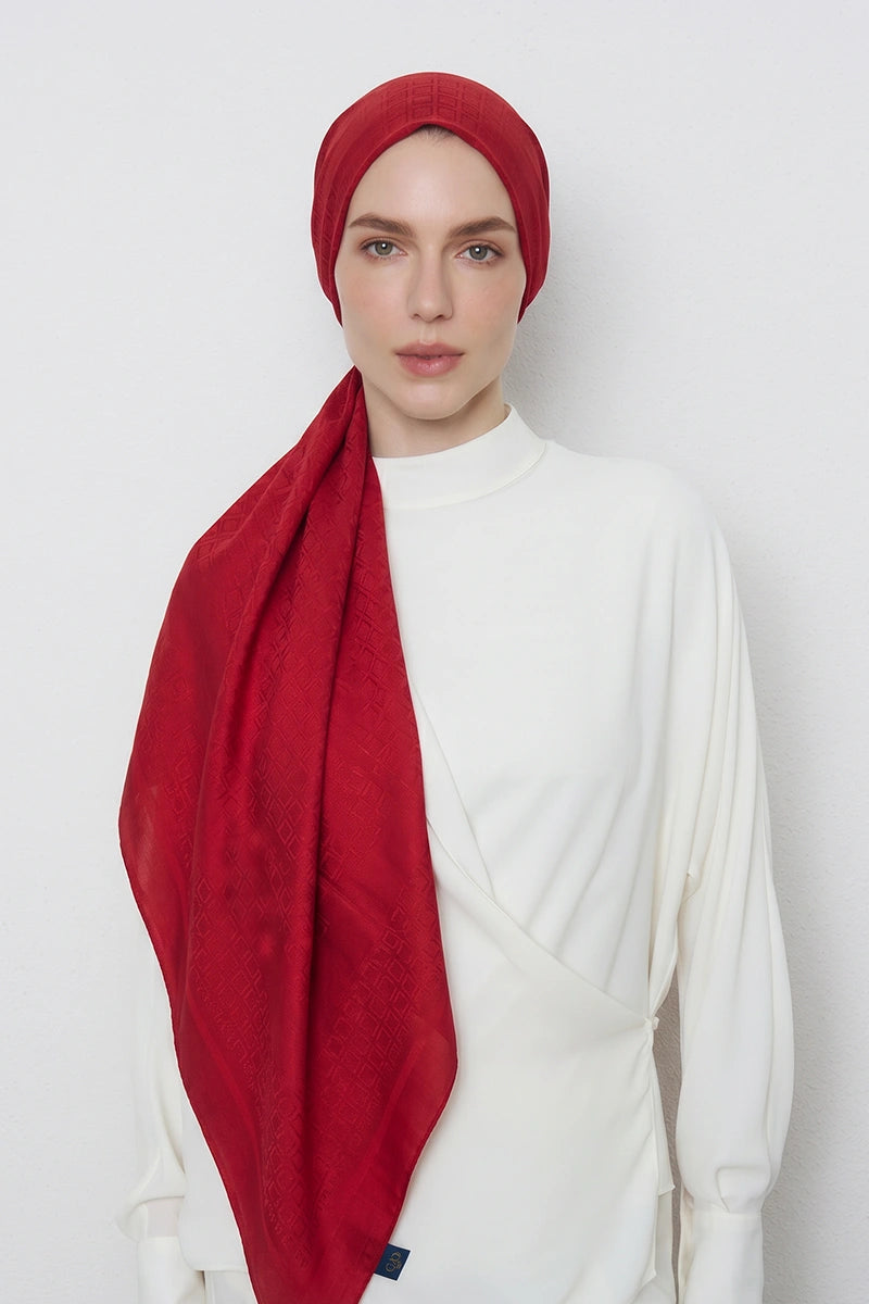 Silky Jacquard Shawl, Square Pattern - Red