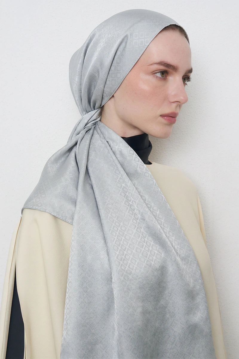 Silky Jacquard Shawl, Square Pattern - Blue and Grey