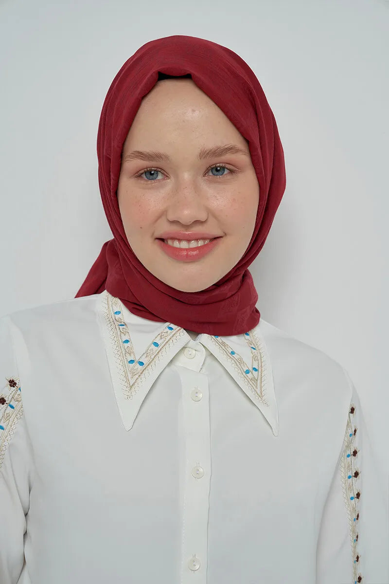 Pamuklu Şal Monogram Desen - Bordo