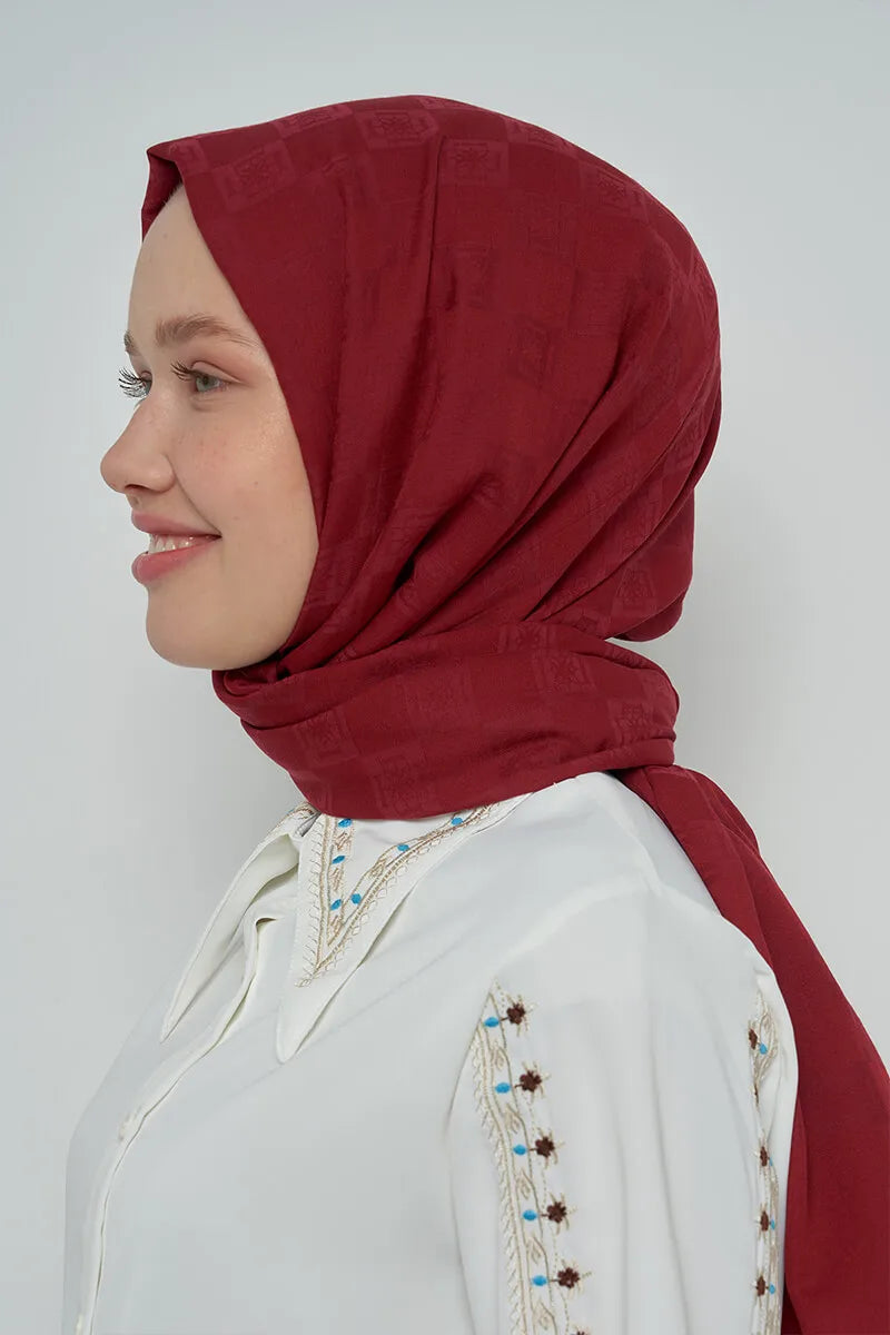 Pamuklu Şal Monogram Desen - Bordo