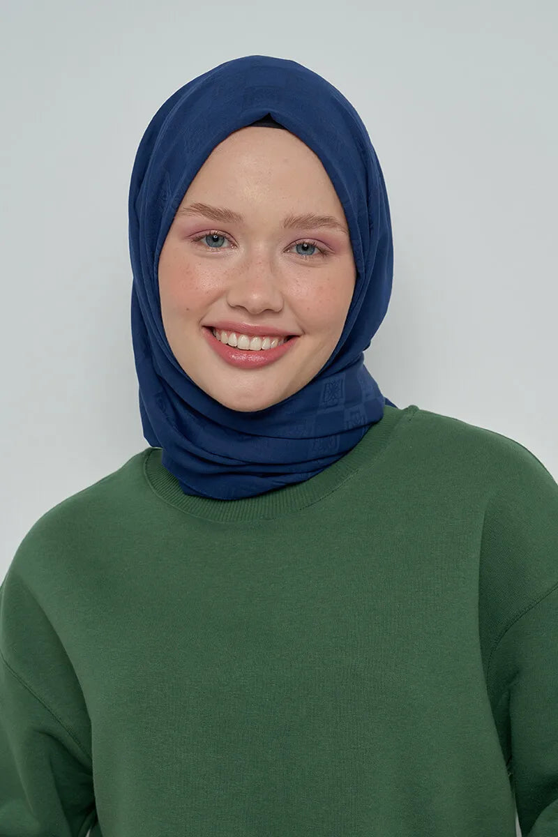 Pamuklu Şal Monogram Desen - Lacivert