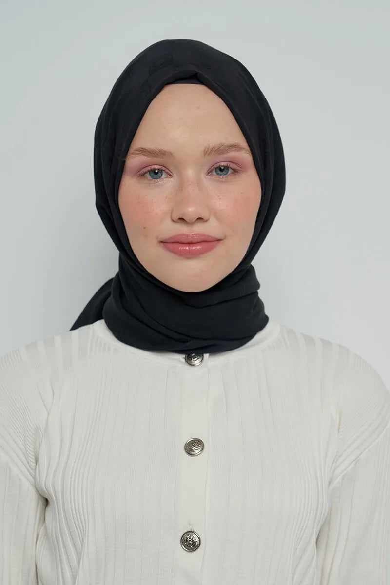 Pamuklu Şal Monogram Desen - Siyah