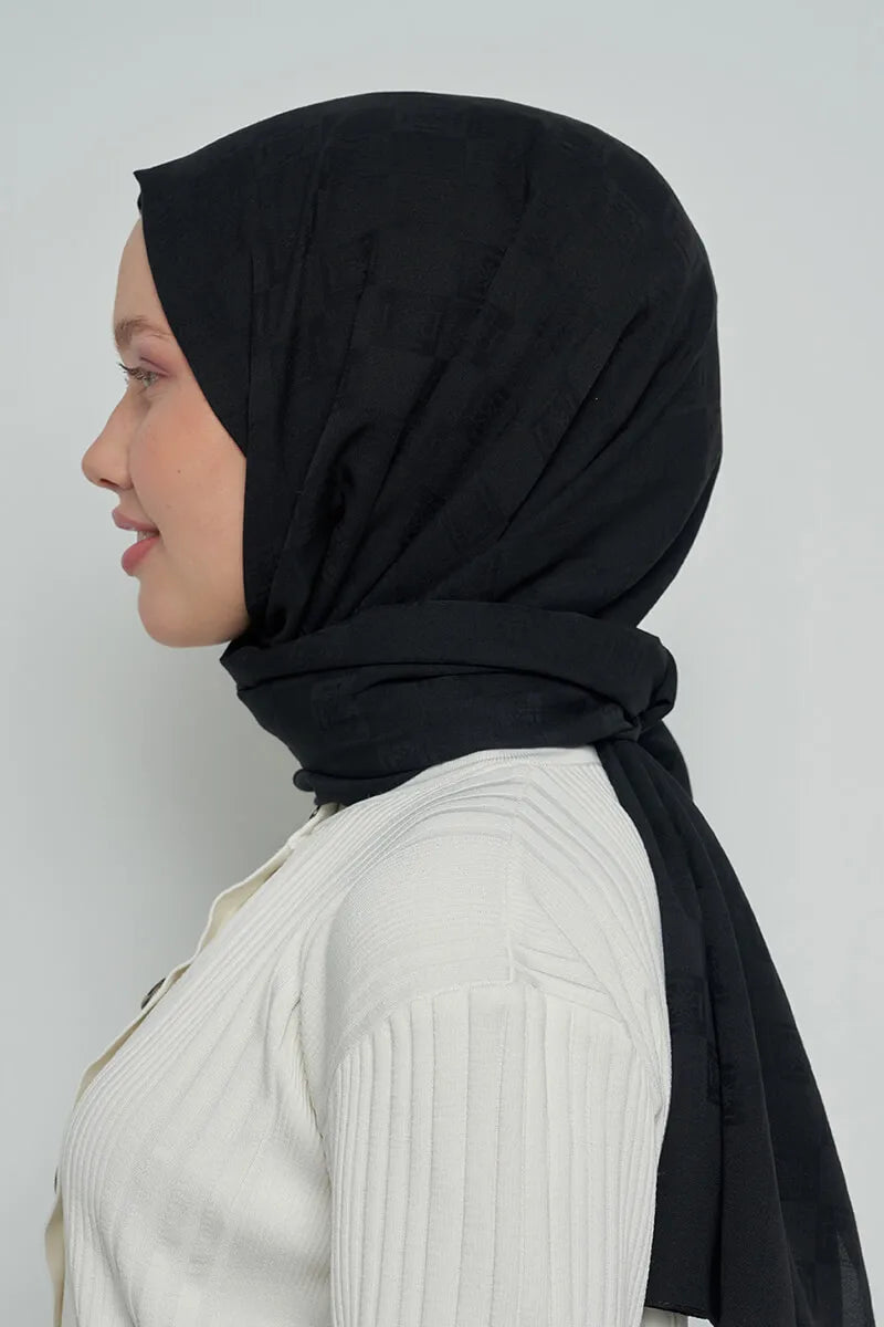 Pamuklu Şal Monogram Desen - Siyah