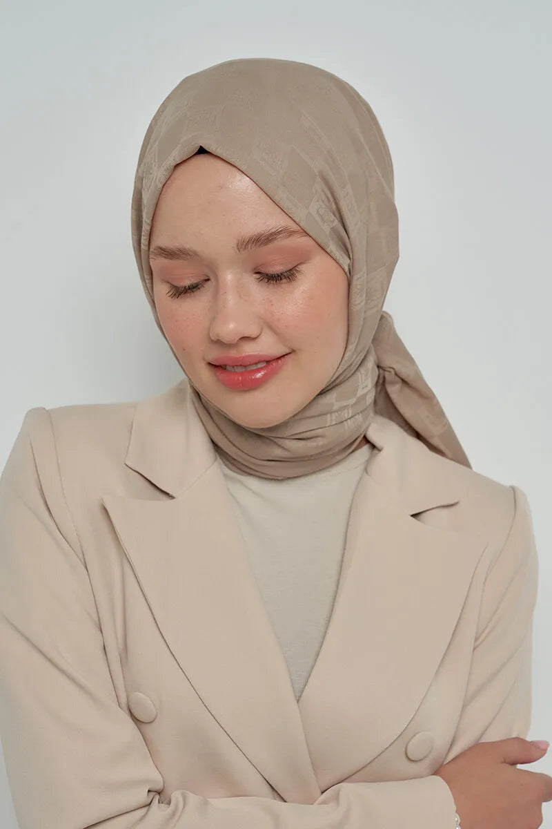 Pamuklu Şal Monogram Desen - Vizon