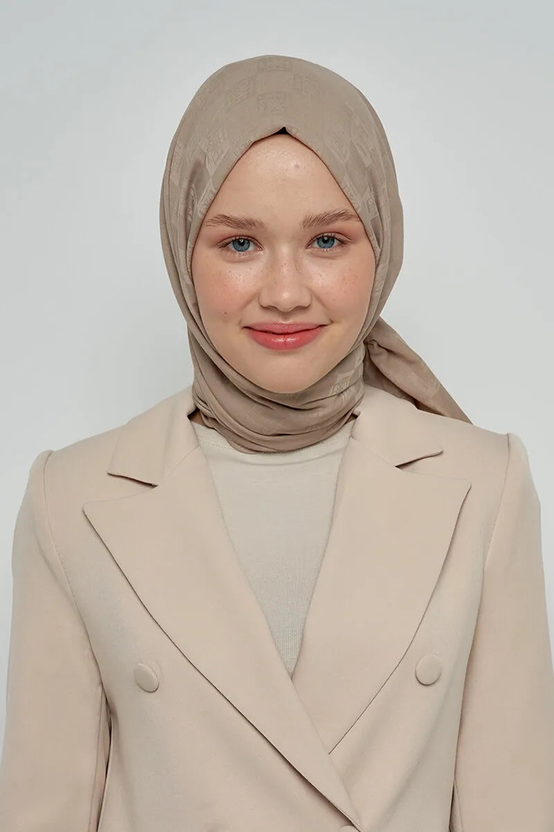 Pamuklu Şal Monogram Desen - Vizon