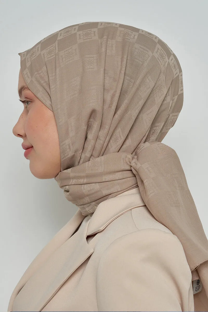 Pamuklu Şal Monogram Desen - Vizon