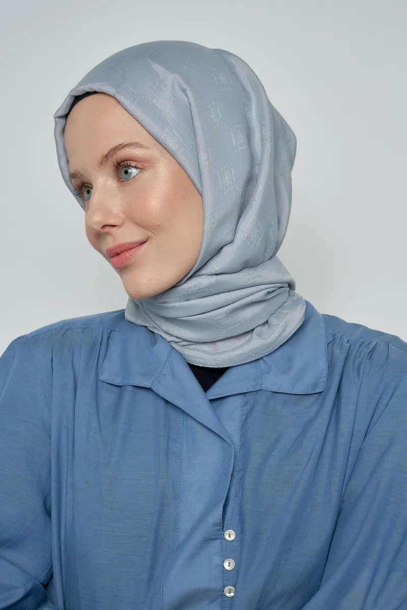 Jacquard Cotton Shawl with Monogram Pattern - Grey