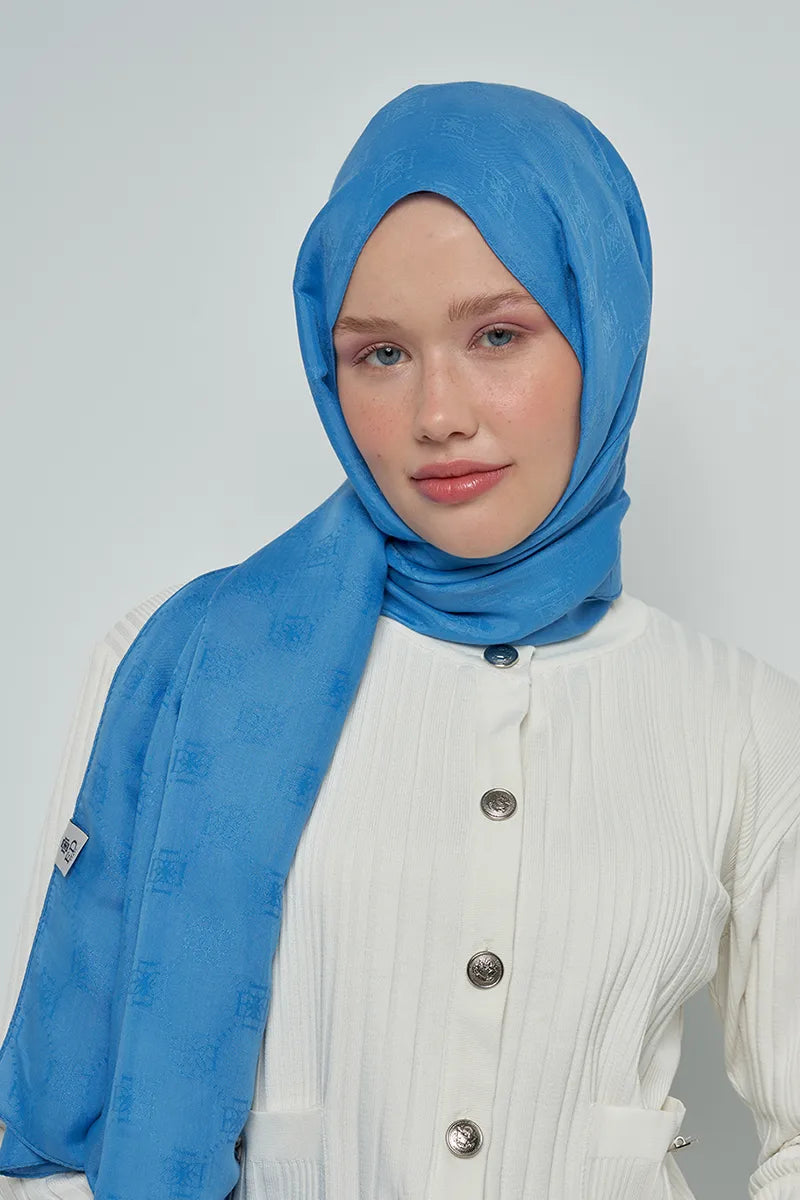 Jakar Pamuk Şal Monogram Desen - Mavi