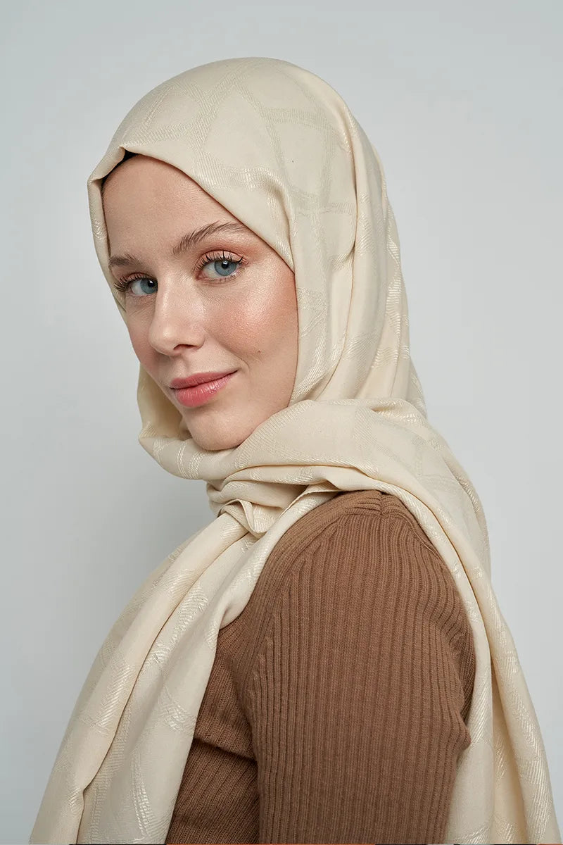 Jacquard Cotton Shawl Mosaic Pattern - Cream
