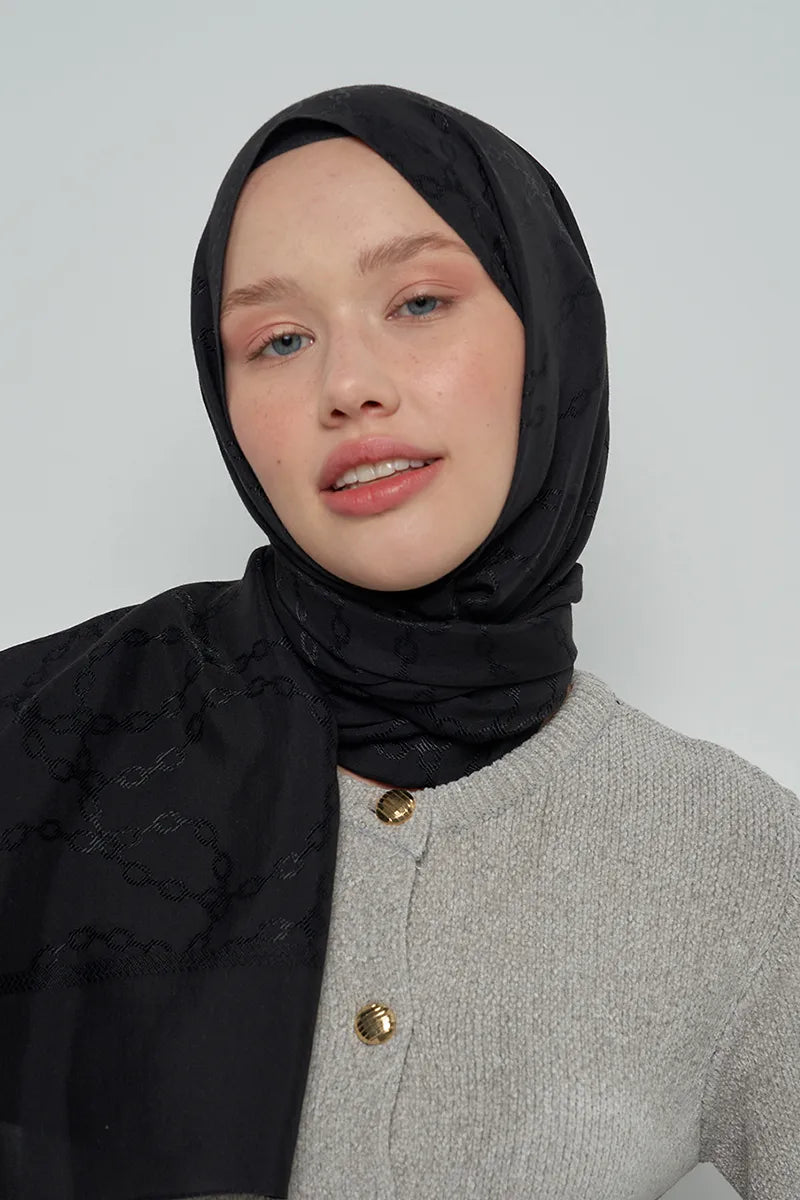 Jakar Pamuk Şal Zincir Desen - Siyah