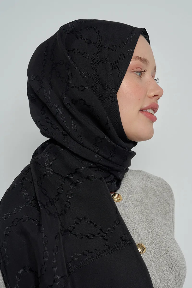 Jacquard Cotton Shawl with Chain Pattern - Black