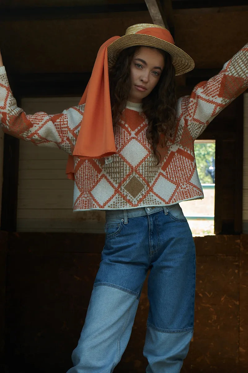 İpeksi Jakar Şal Kare Desen - Turuncu