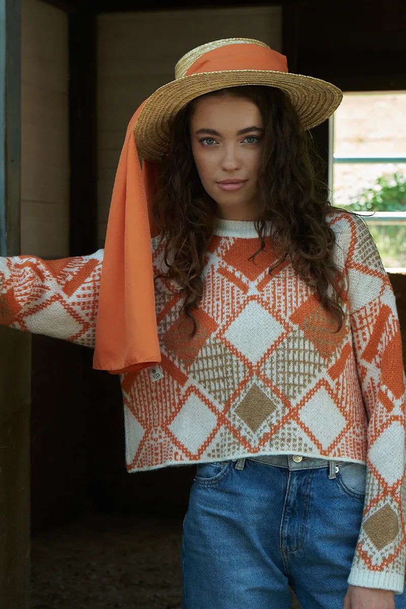 İpeksi Jakar Şal Kare Desen - Turuncu