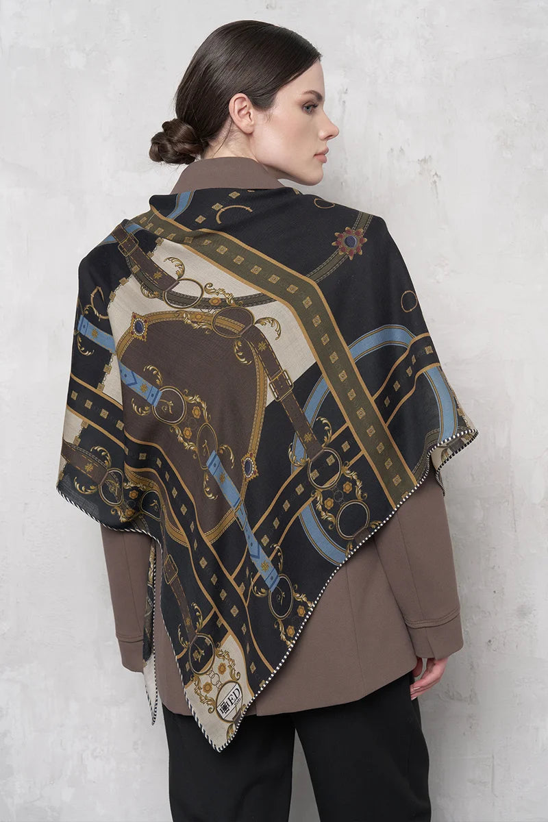 Kemer Desen Yün İpek Üçgen Omuz Şal - Lacivert